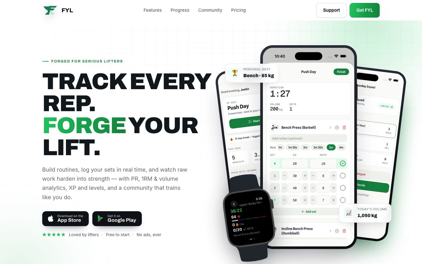 FYL workout logger and progress interfaces shown across phones and Apple Watch