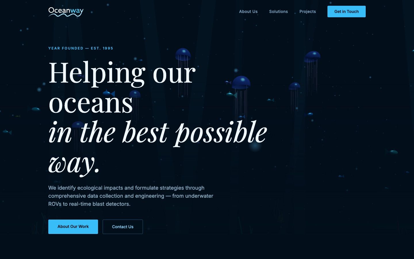 Oceanway homepage with a dark underwater scene and floating jellyfish