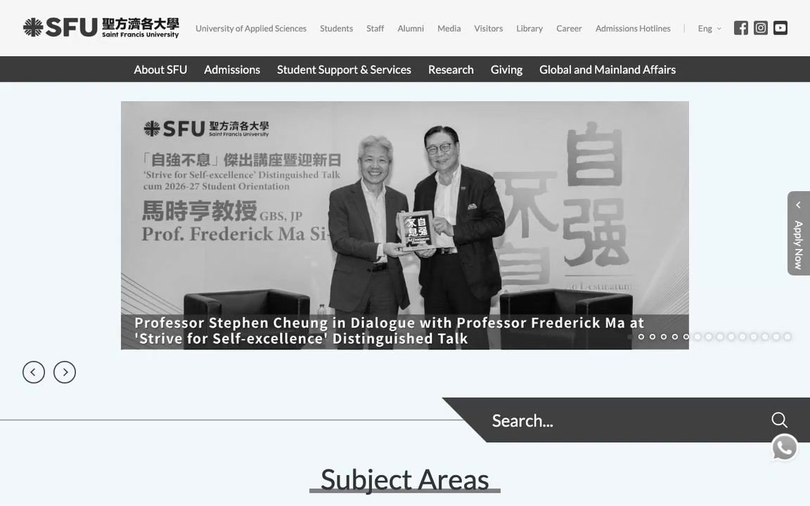 Saint Francis University’s live homepage, programme banners, and subject areas